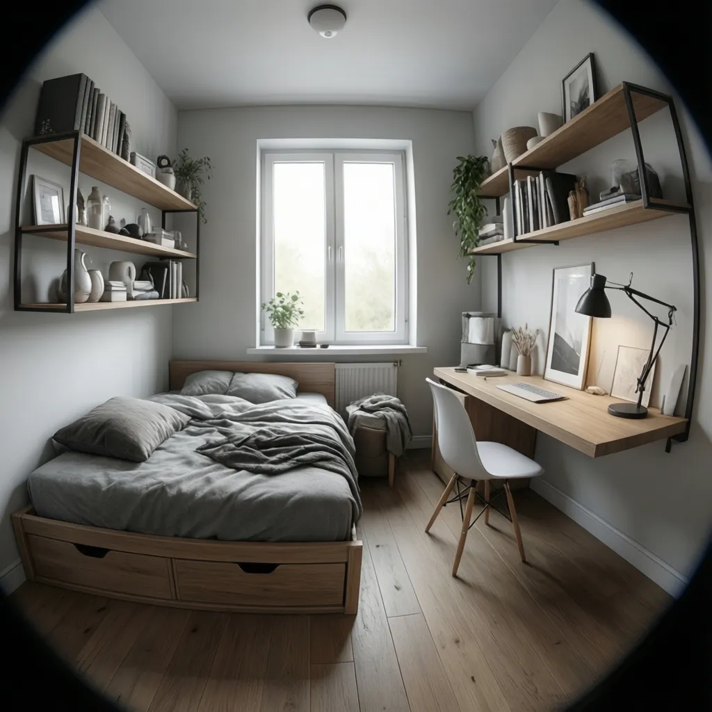 compact bedroom furniture layout with storage bed and wall shelves