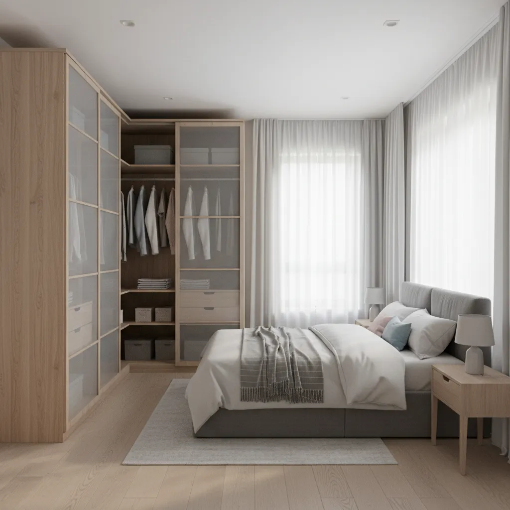 Small bedroom design with efficient L shaped closet maximizing storage space