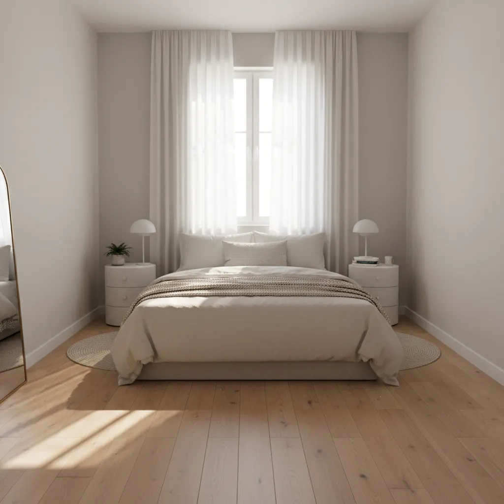 compact 9 x 12 bedroom layout with bed and minimal furniture