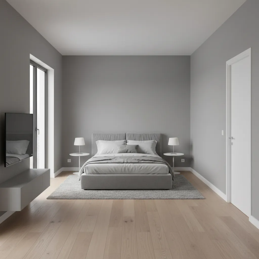 Top perspective layout of compact bedroom with grey bed and clear walking paths