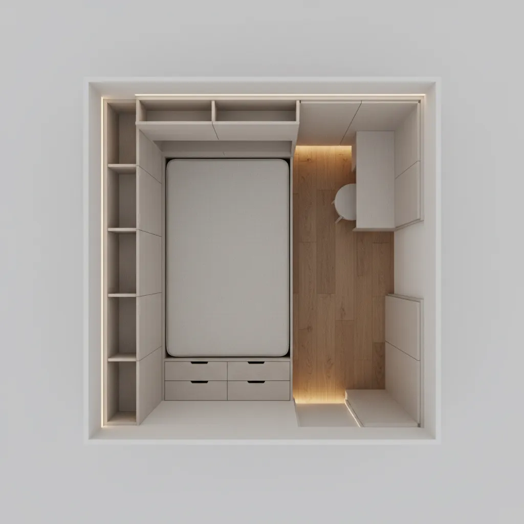 Compact bedroom floor layout planning for a small converted laundry room