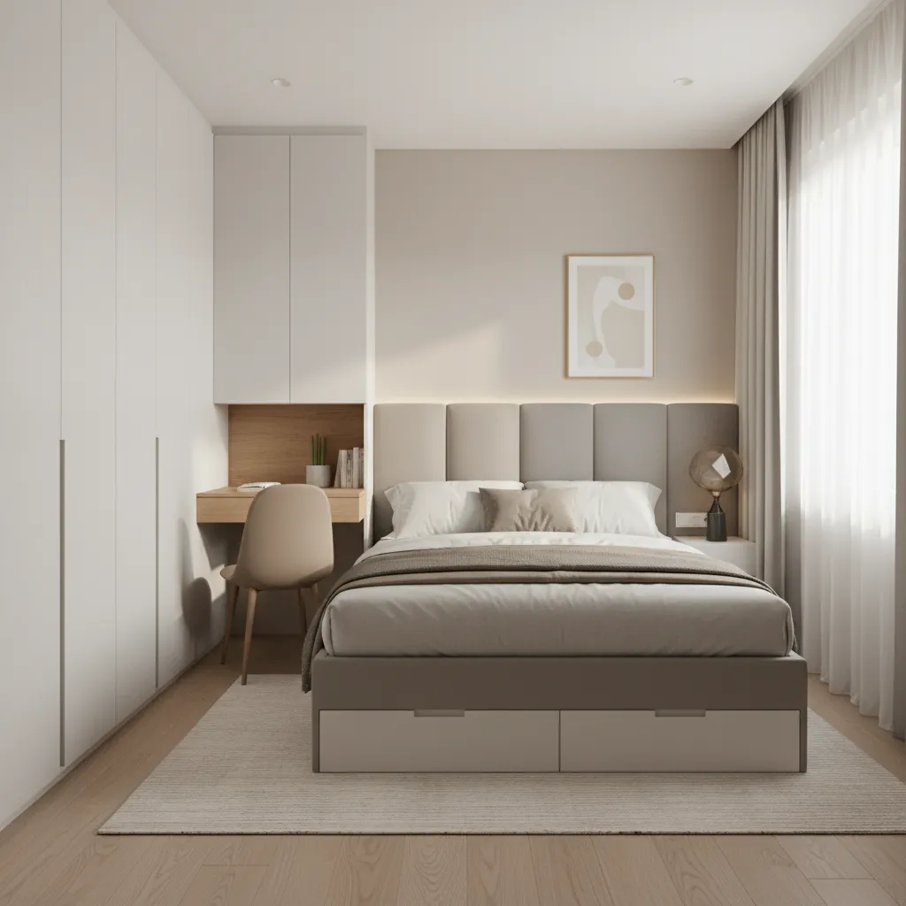 Compact modern bedroom with white wardrobe small wooden desk beige chair and bed with storage