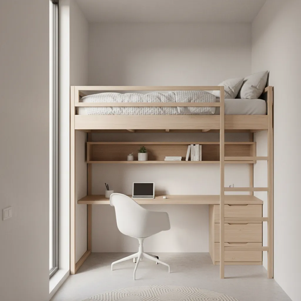 compact bedroom featuring a loft bed with desk workspace underneath