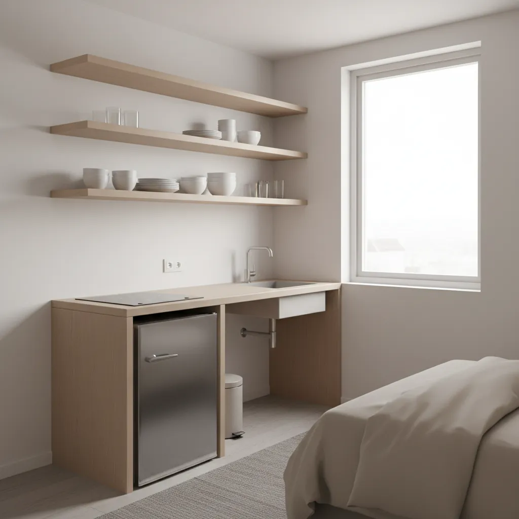 small bedroom corner converted into a mini kitchen with countertop and shelves