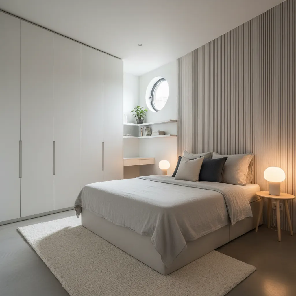 Dormitorio compacto en casa moderna de tamaño medio