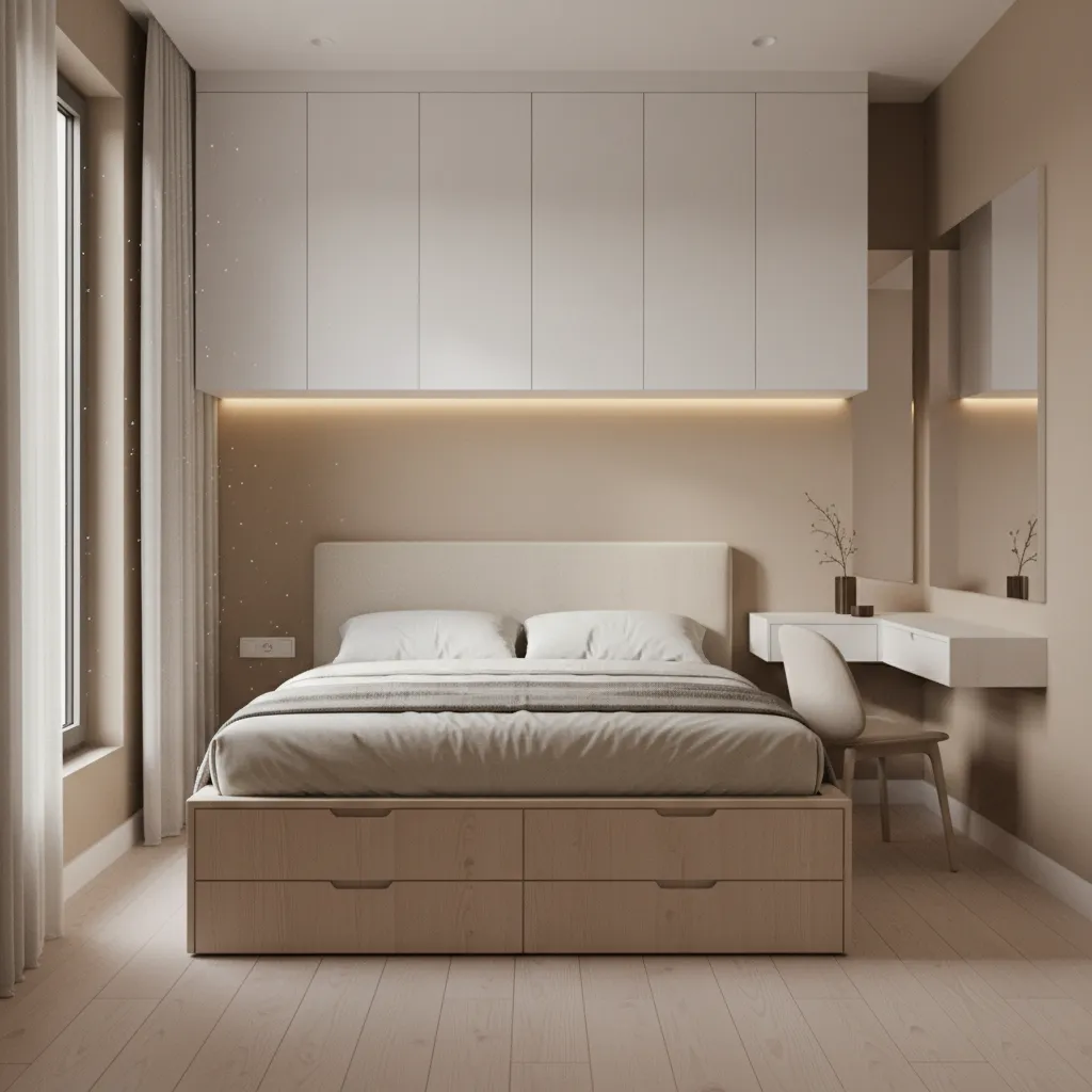 compact bedroom design in a narrow 16x40 home with built in storage
