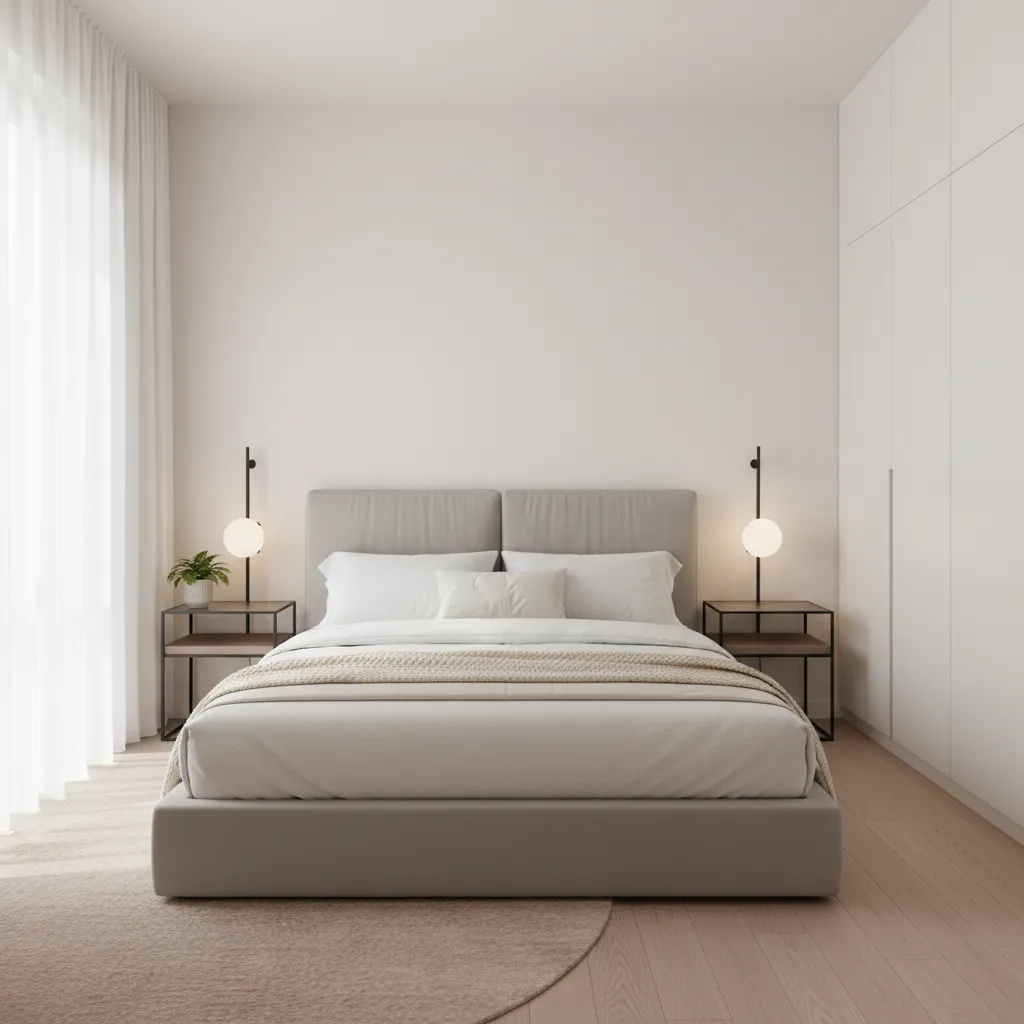 Compact bedroom with queen bed and minimal furniture layout