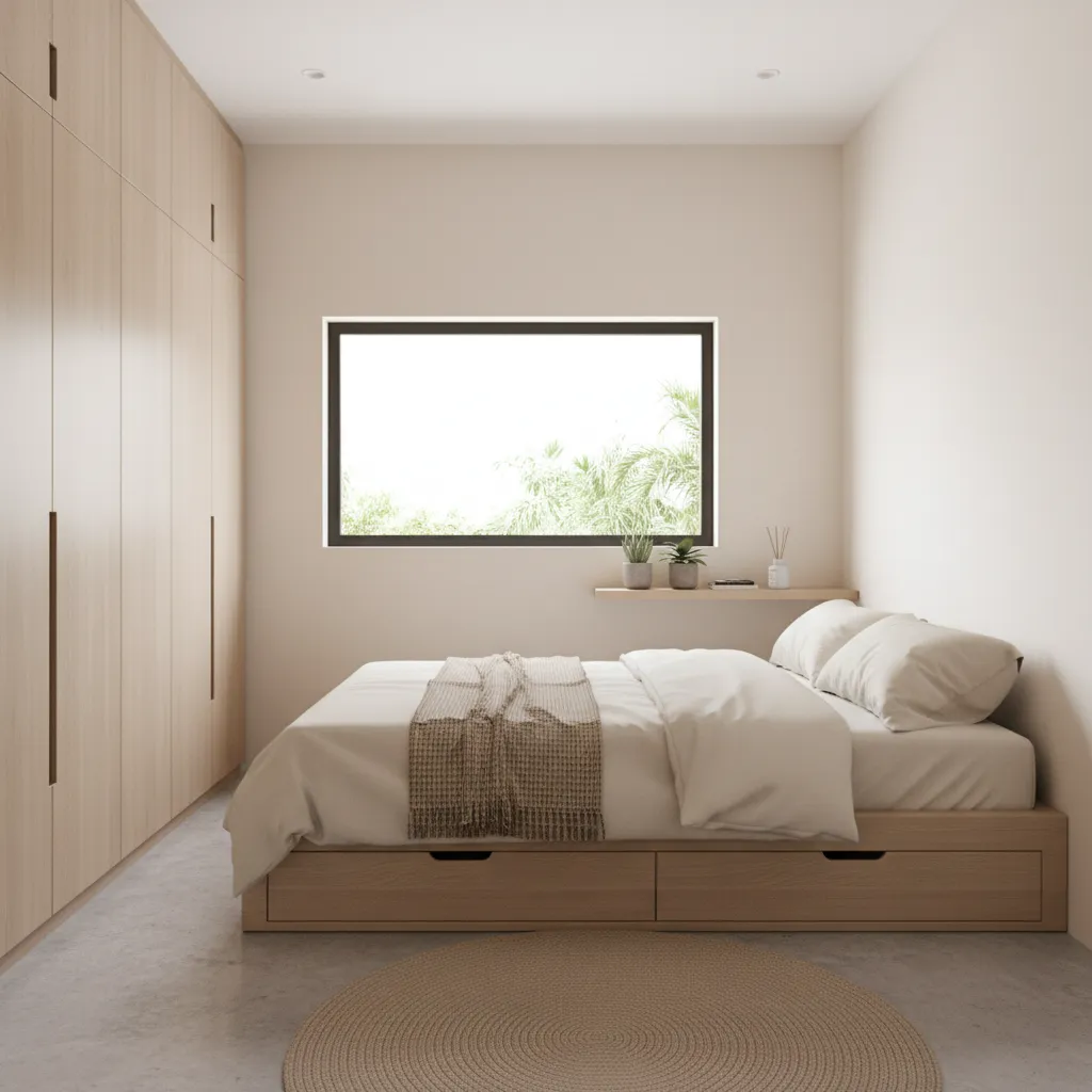 Phòng ngủ nhỏ gọn trong nhà 5x8m với nội thất tối giản