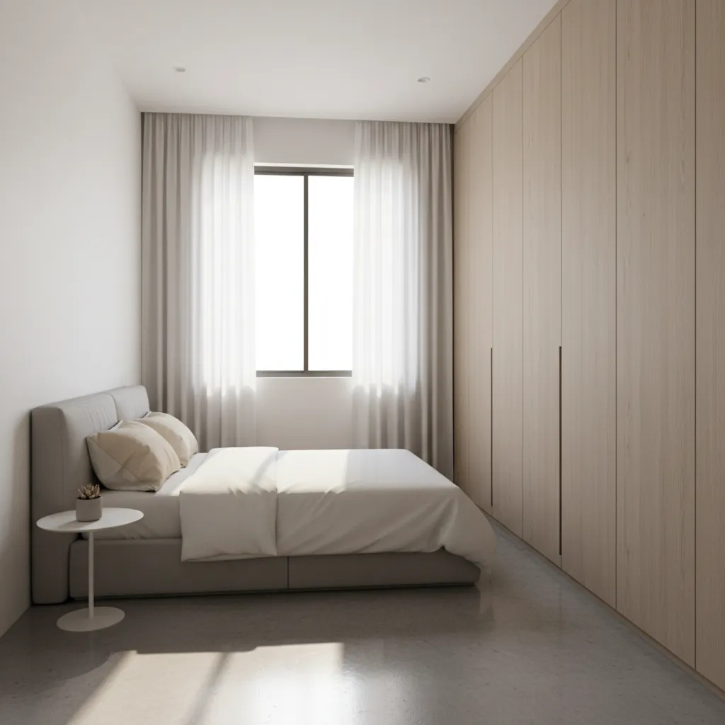 Interior design drawing showing minimalist bedroom with white walls wooden cabinet bed and white curtains