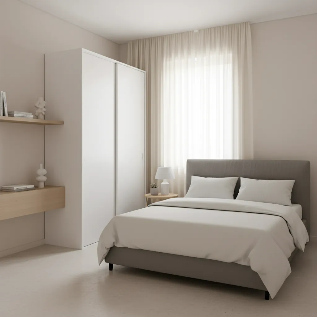 quarto compacto com cama de casal em casa pequena