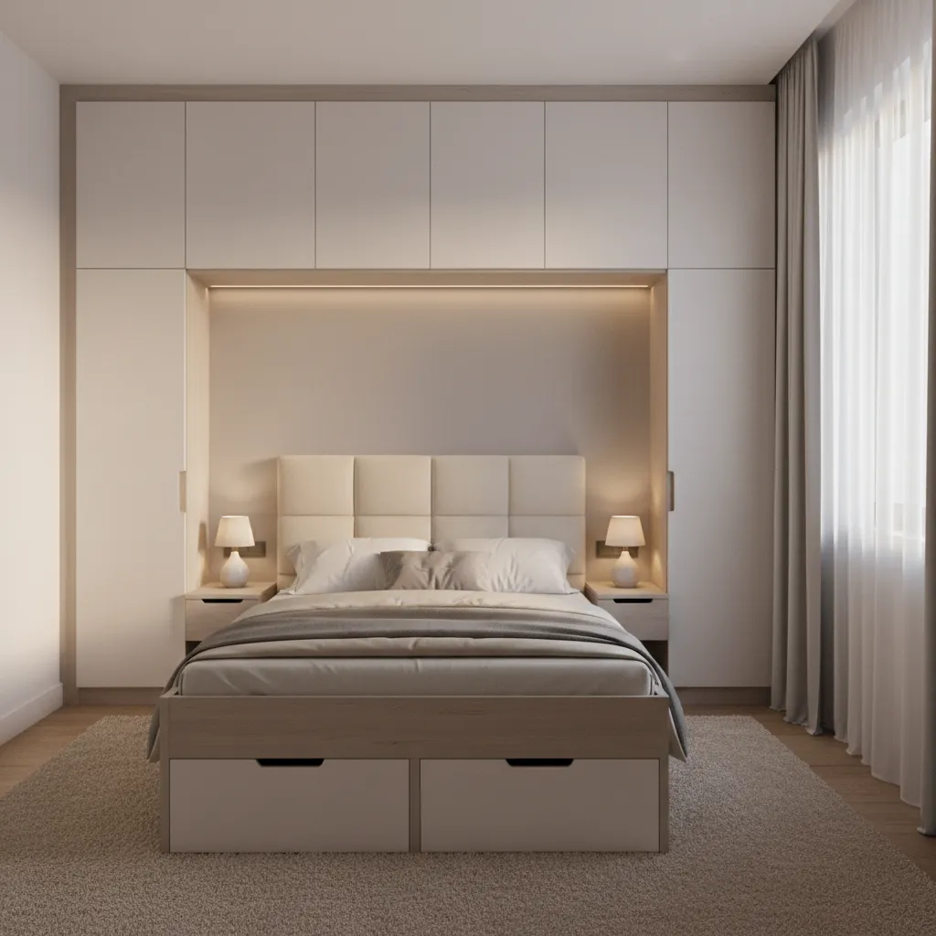 Small bedroom with storage bed and built in wardrobe