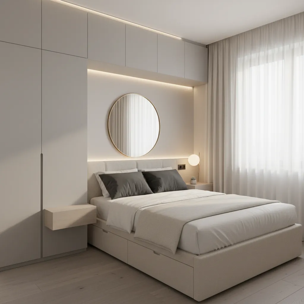 Modern compact bedroom design featuring beige bed grey pillows round mirror and built in cabinets