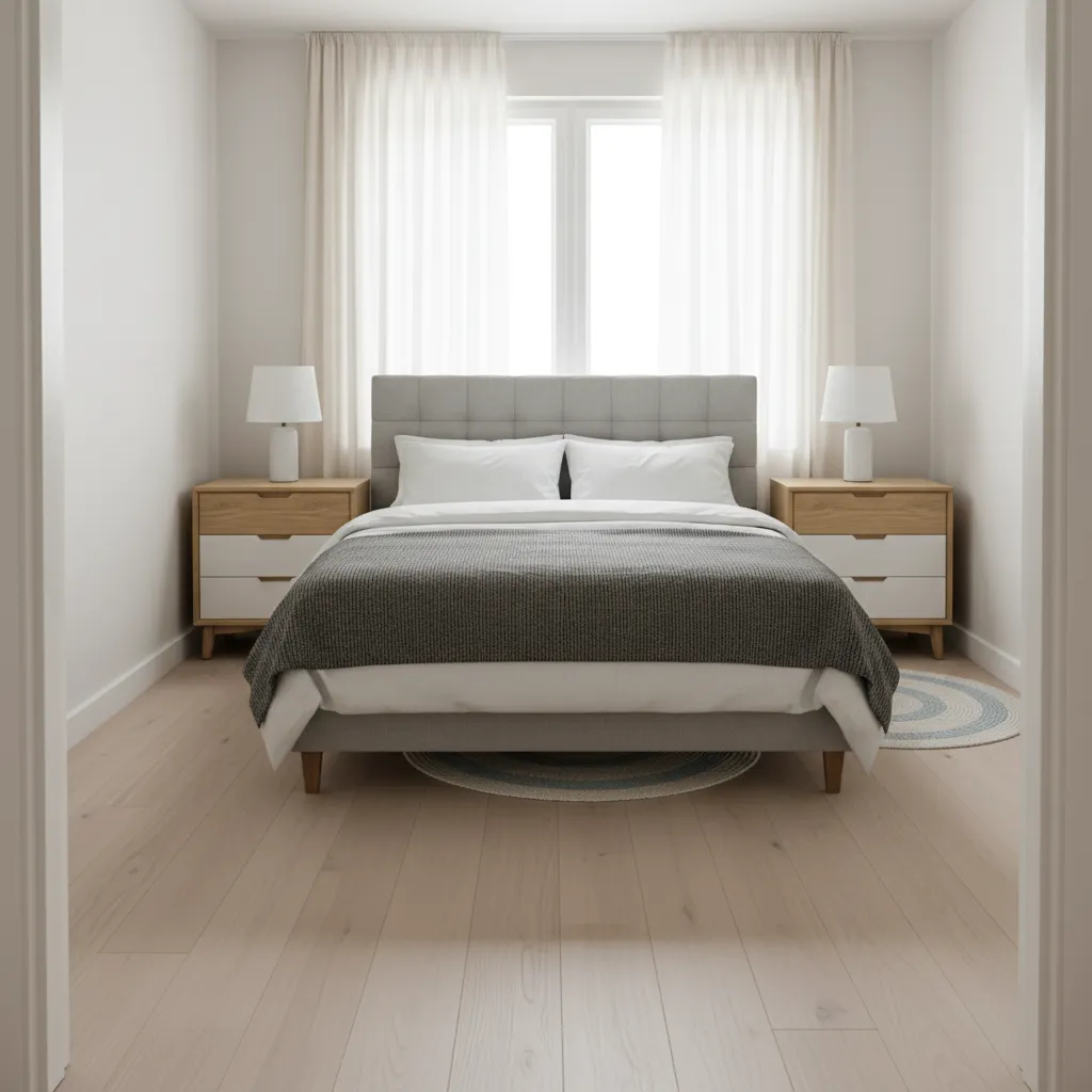 Small bedroom with queen bed and balanced furniture spacing