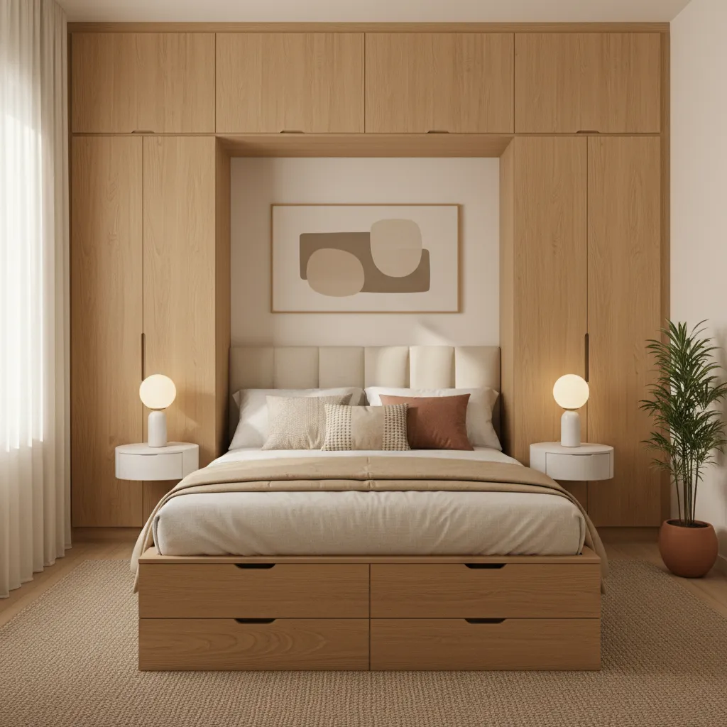 Compact bedroom design with wall wardrobe in a 1 BHK apartment