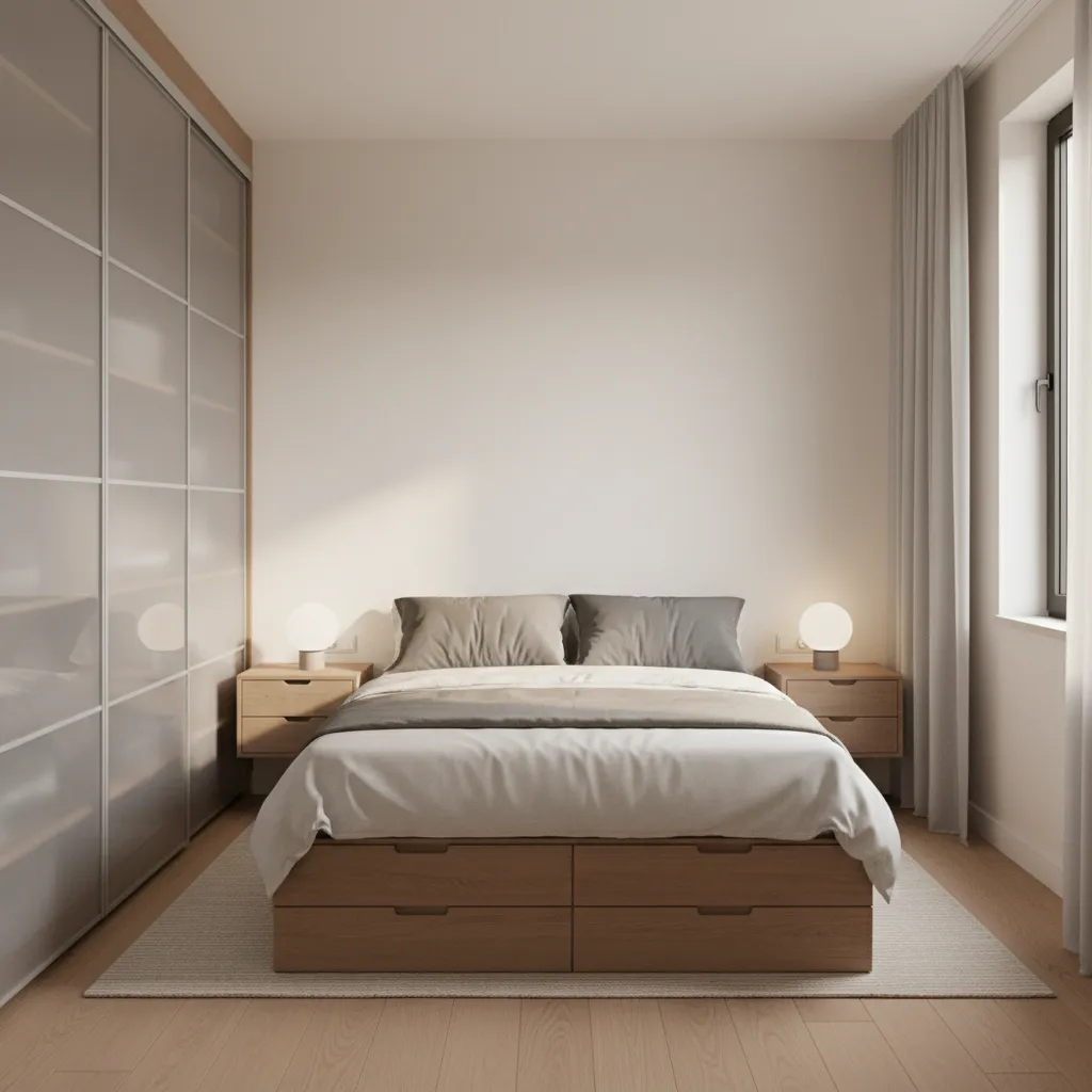 Small bedroom with queen bed wall mounted nightstands and vertical storage