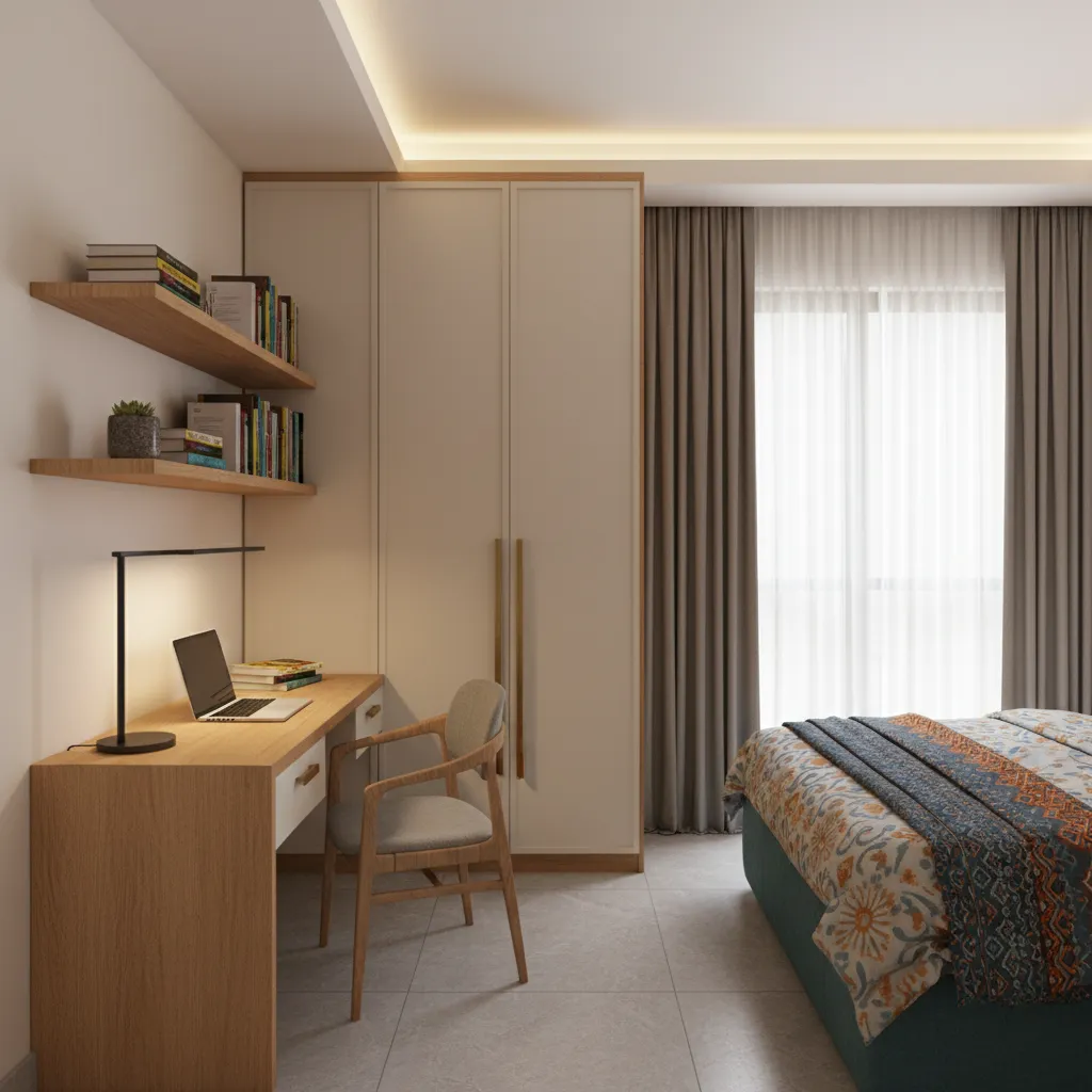 Bedroom with integrated study desk beside wardrobe
