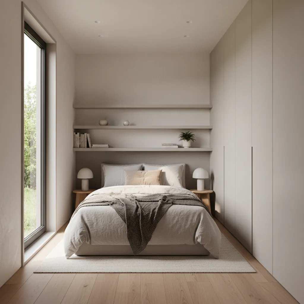 Modern compact bedroom with double bed, wall shelves, white closet, wooden floor, and table lamps