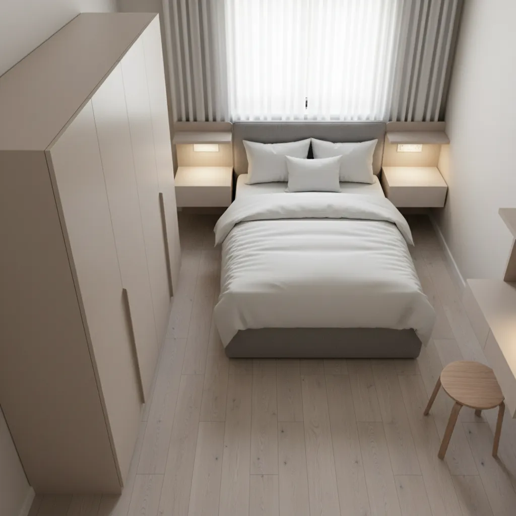 Small bedroom layout showing wardrobe placement and walking space
