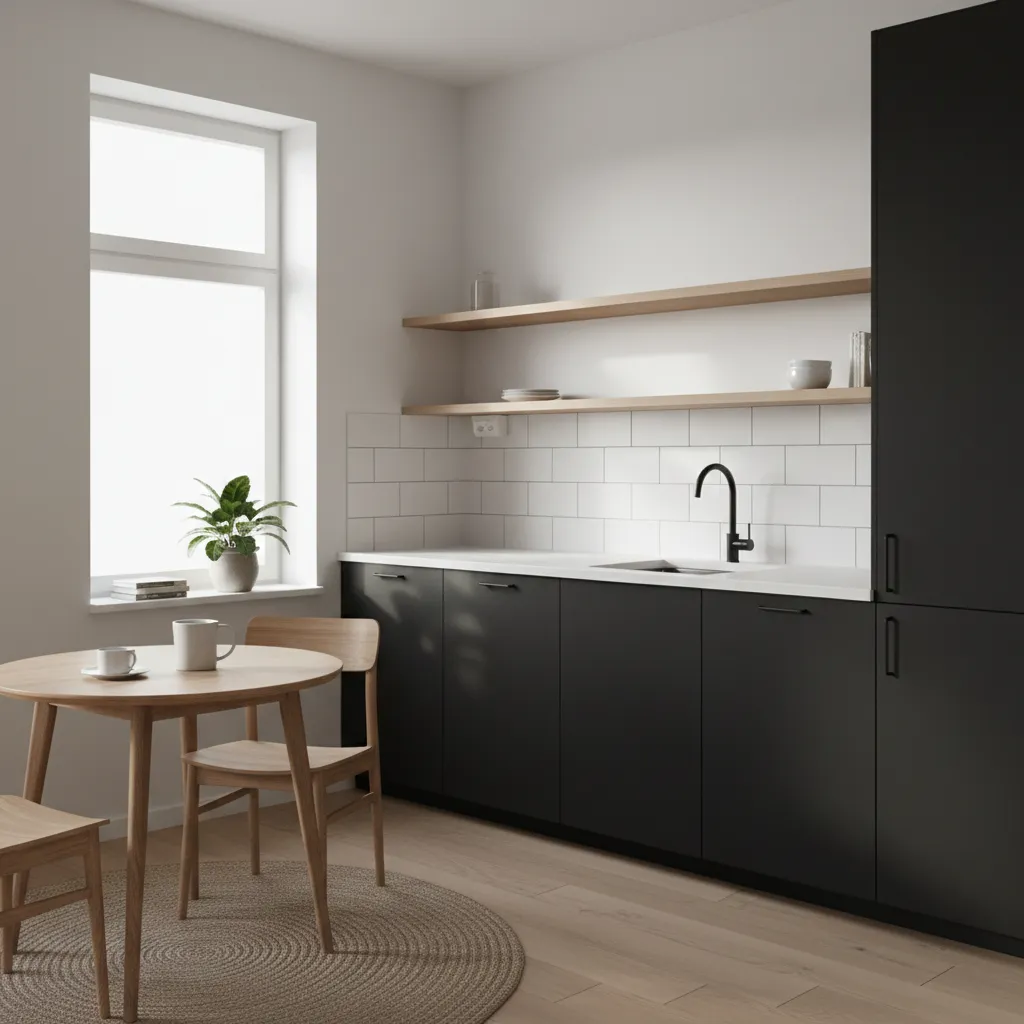 small apartment kitchen with matte black cabinets and white backsplash