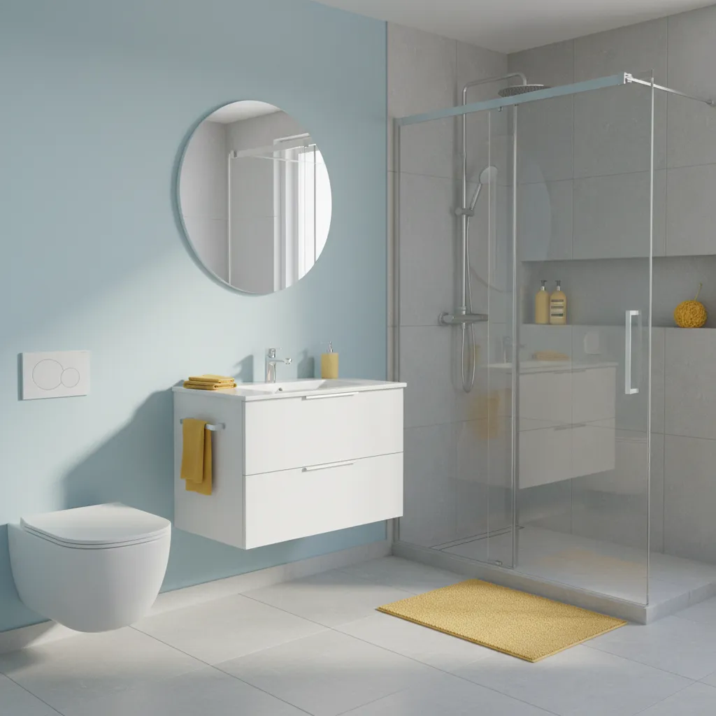 Small bathroom with light blue walls yellow accents and compact layout