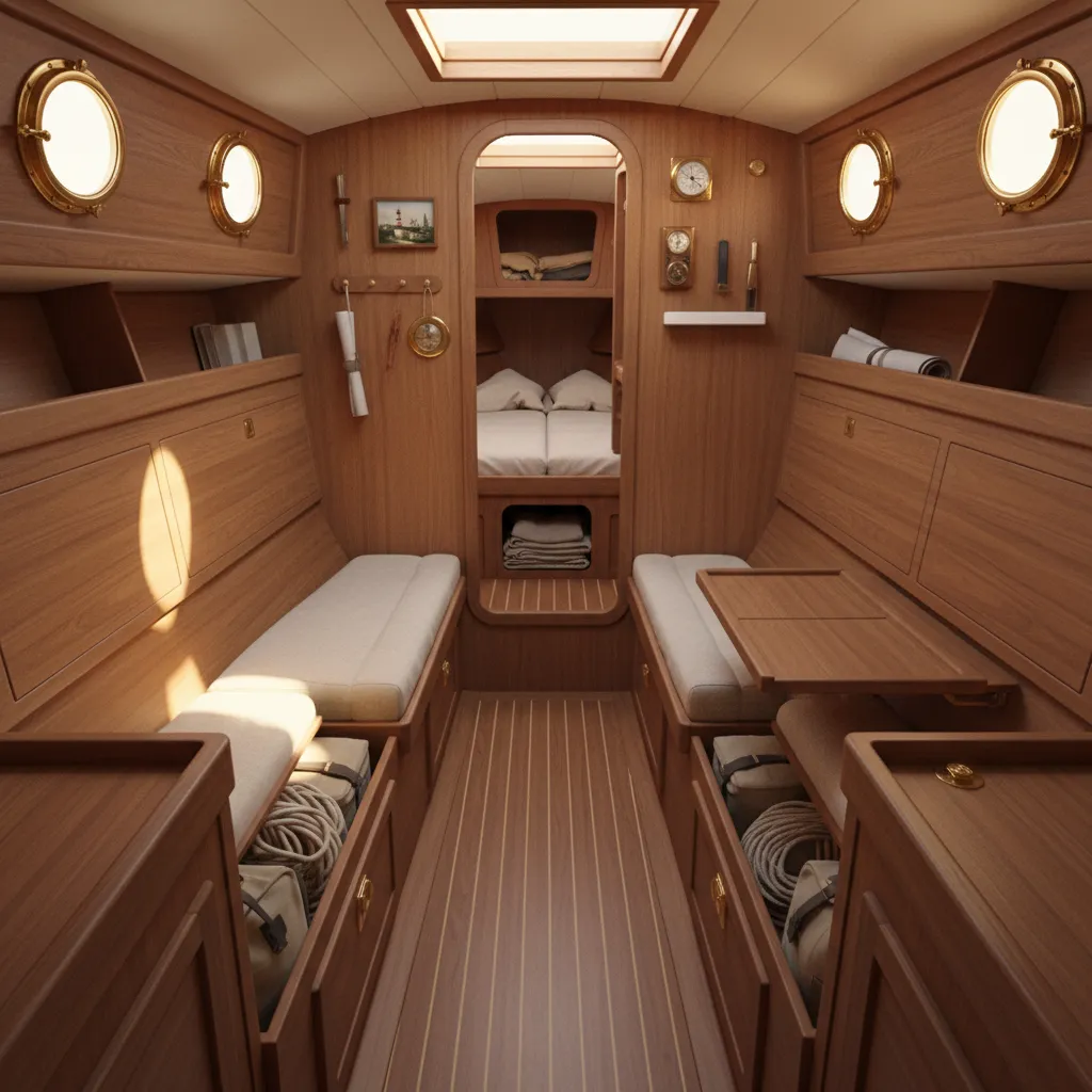 Compact sailboat cabin layout with bench seating and storage compartments