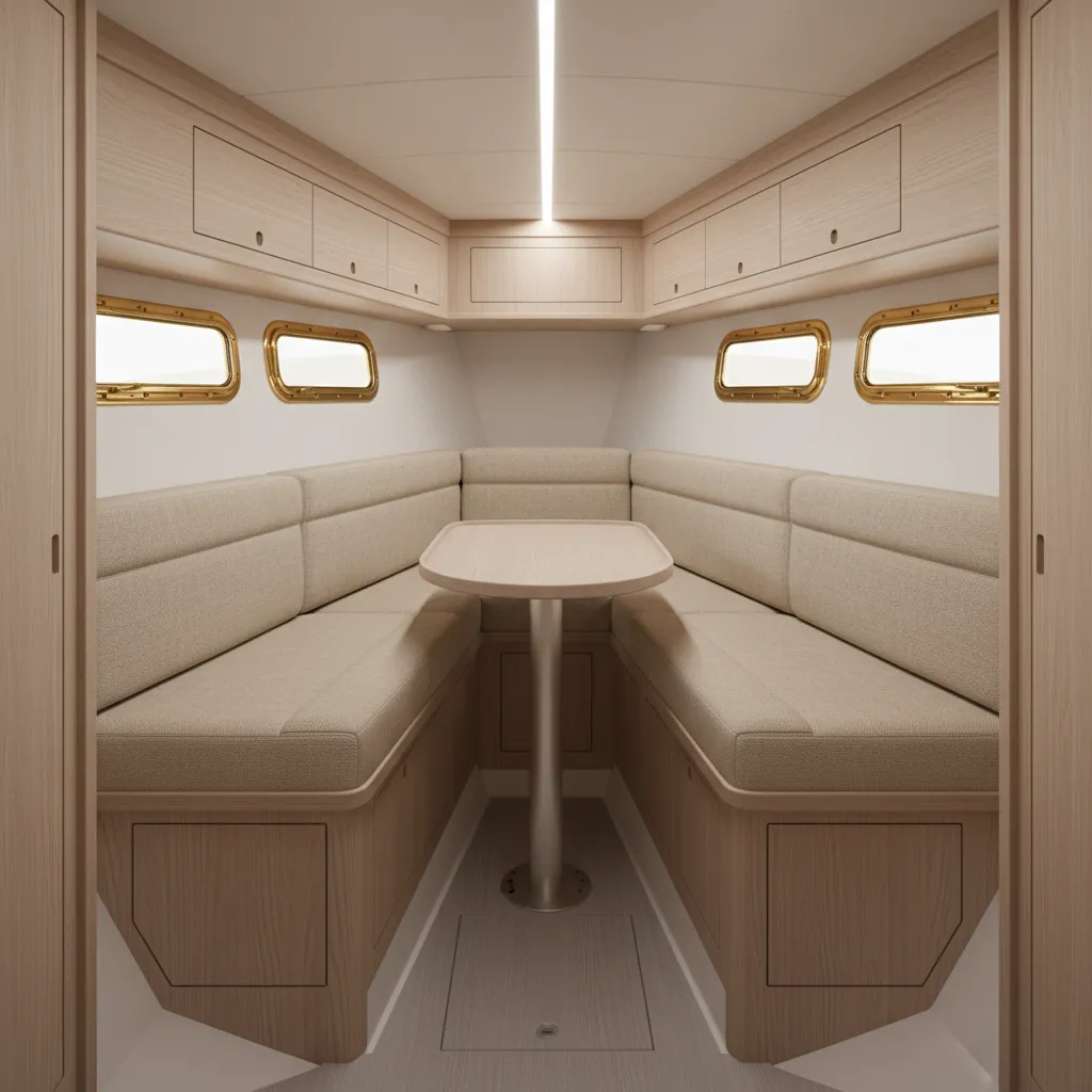 Small boat cabin interior optimized with compact seating and storage