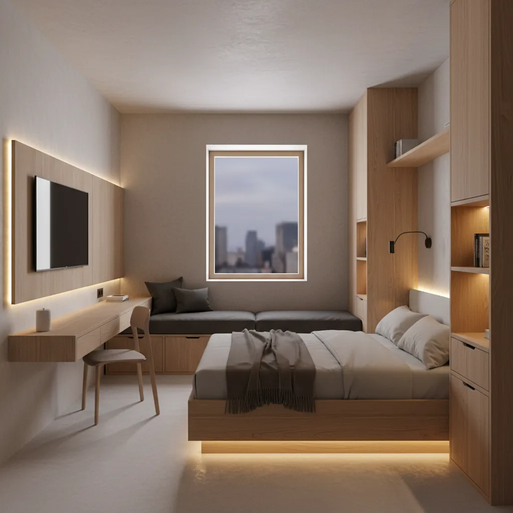 Efficient boutique hotel room layout with built-in furniture and smart storage
