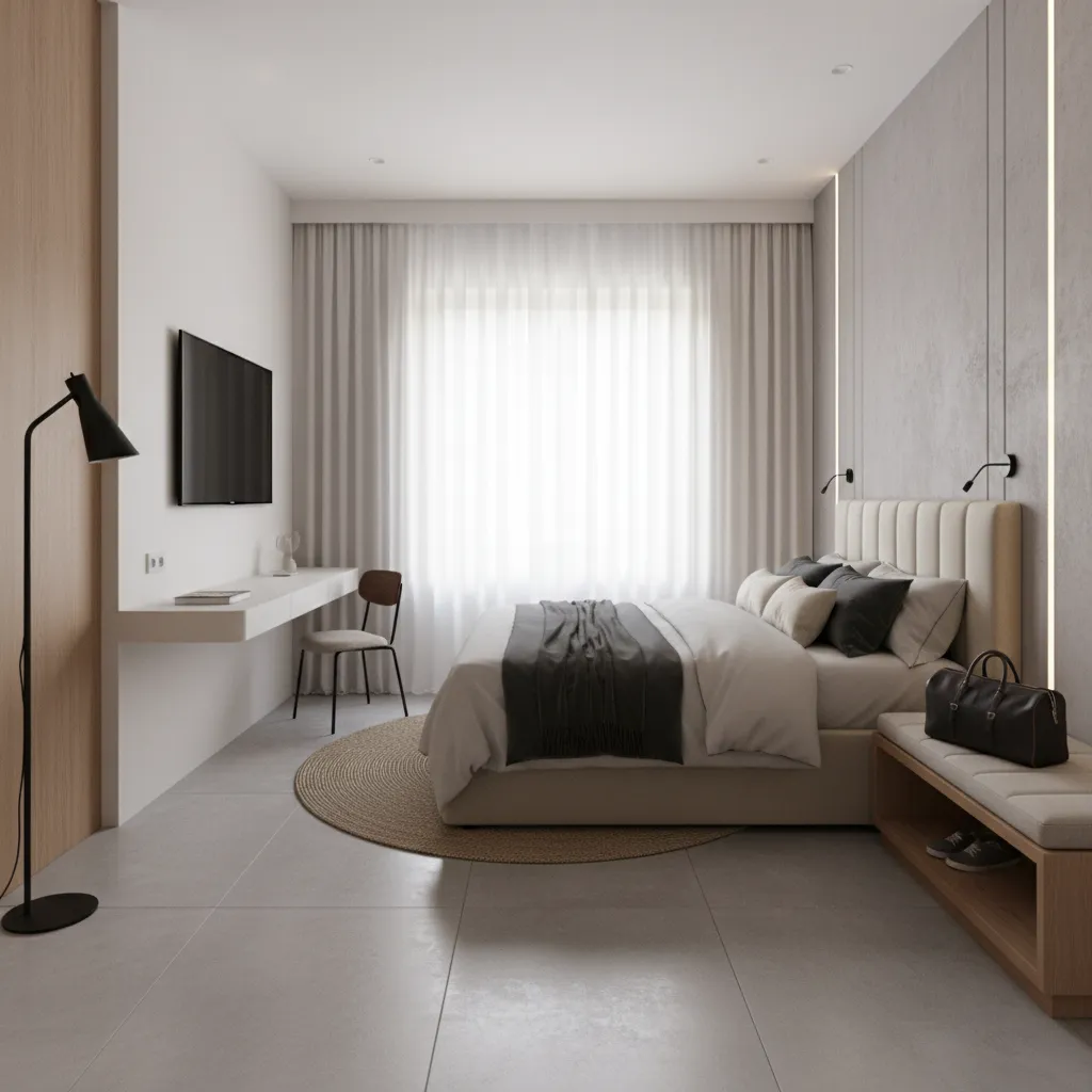 Compact boutique hotel room layout with efficient bed placement and minimal furniture