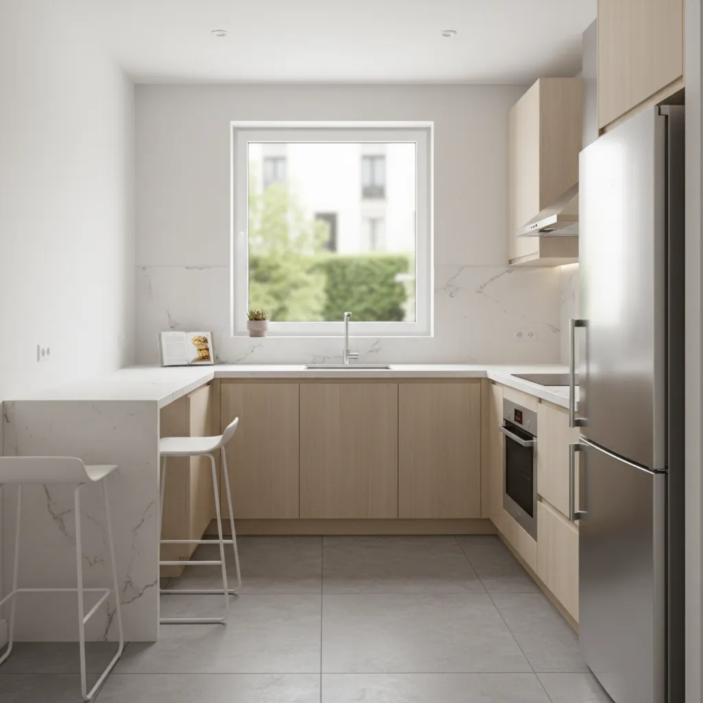 Bright compact kitchen with efficient layout and natural light
