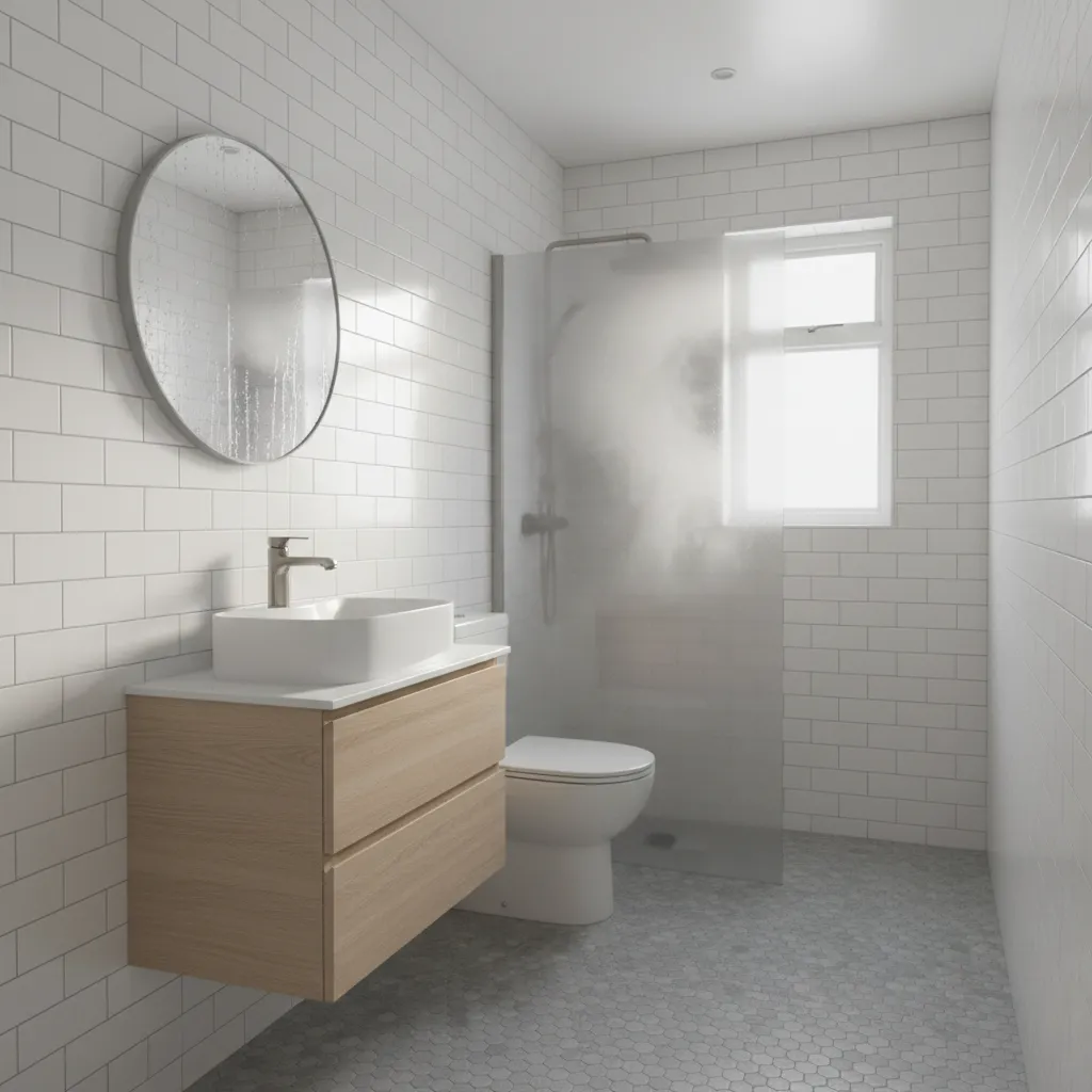 small bungalow bathroom with shower steam showing humidity buildup