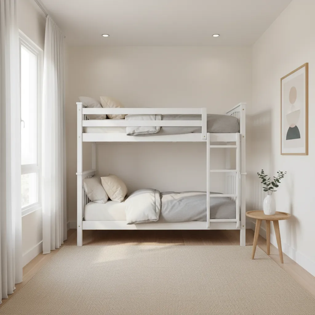 compact bunk bed layout in a small bedroom with efficient floor space