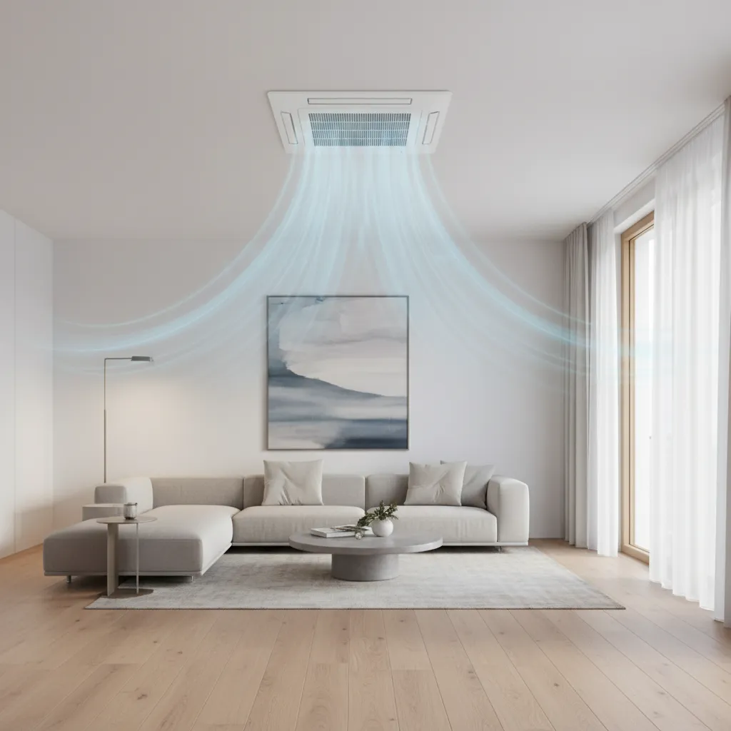 ceiling cassette air conditioner distributing airflow evenly in a small room