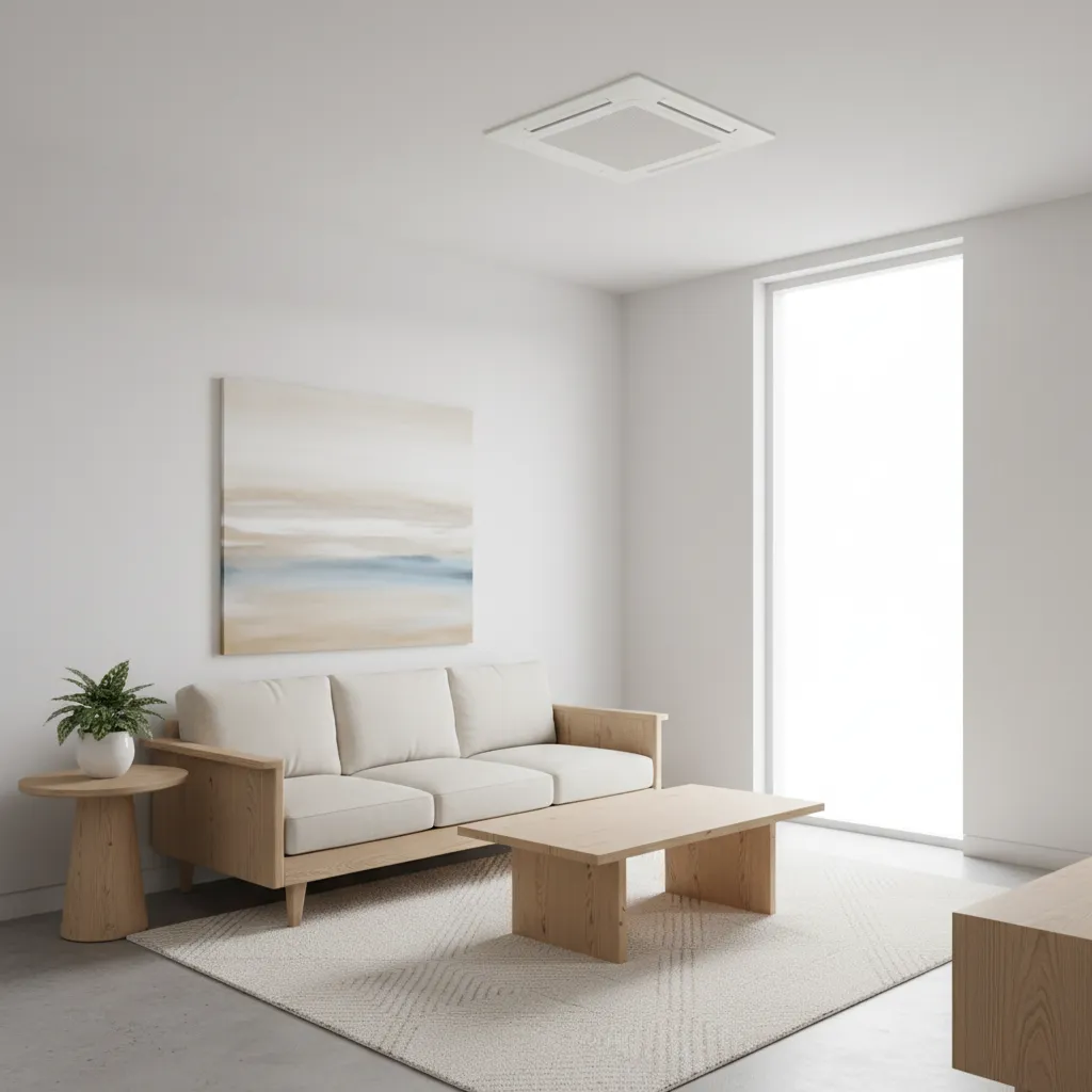Compact ceiling AC cassette installed in a small modern apartment