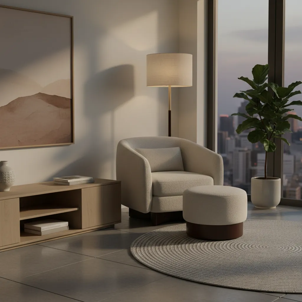 comfortable compact chair with pillow and ottoman in living room