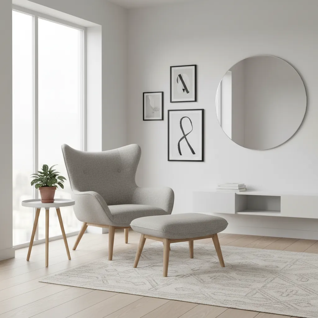 Accent chair with small ottoman in a compact apartment living room layout