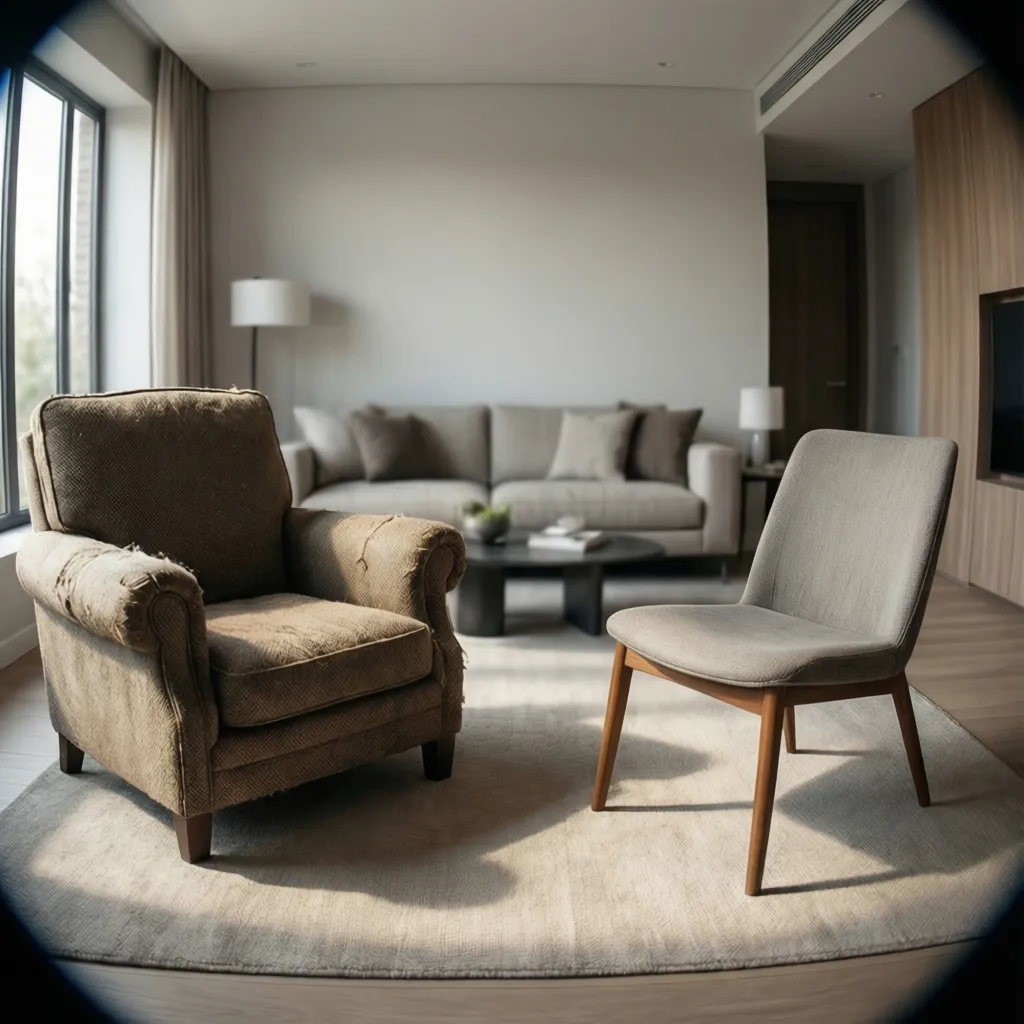 Comparison of bulky chair vs slim accent chair in small living room