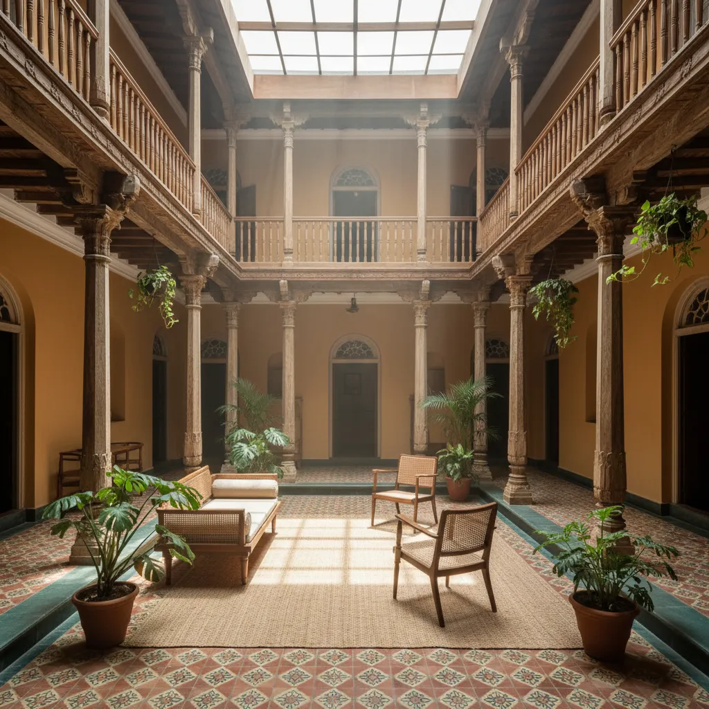Small skylight courtyard in a modern Chettinad style house