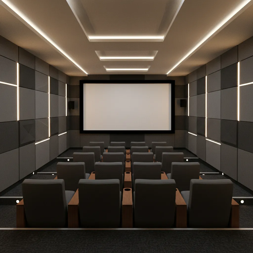 interior view of a small cinema hall with tiered seating and central screen