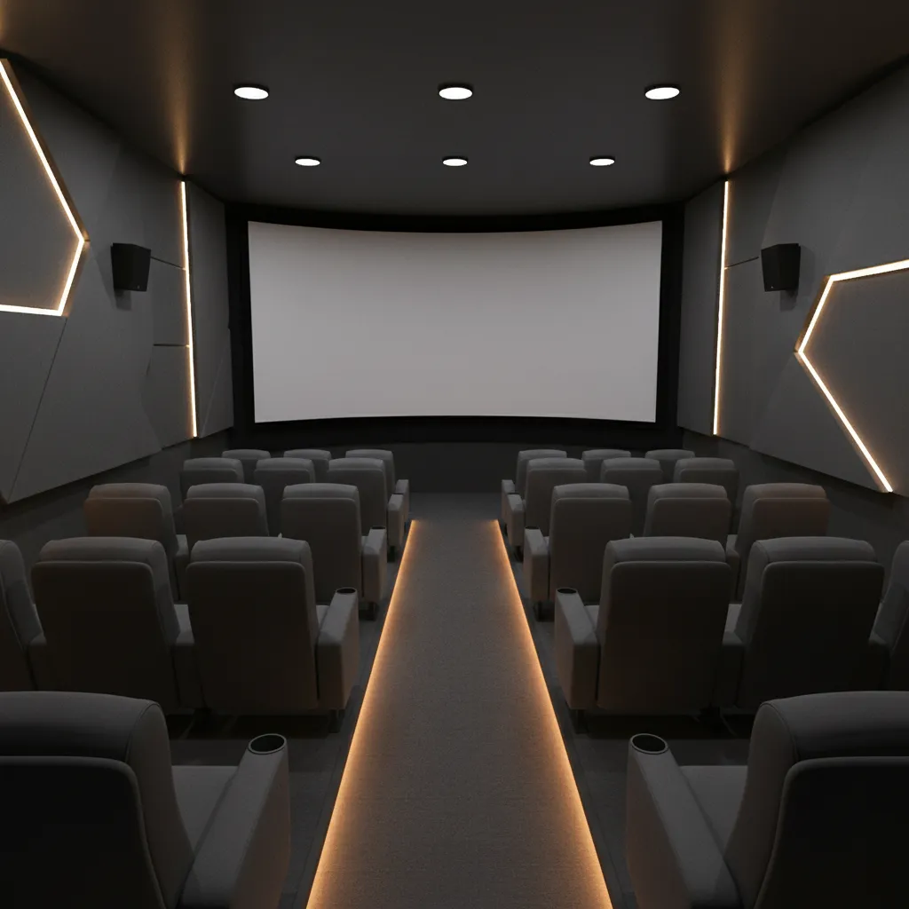 Interior of a small cinema auditorium with organized seating rows and central aisle