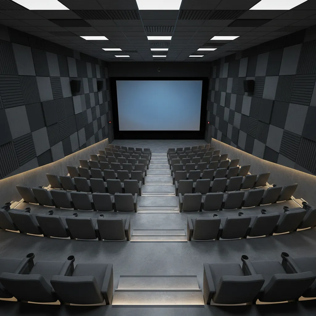 compact cinema seating layout showing steep rows and narrow auditorium