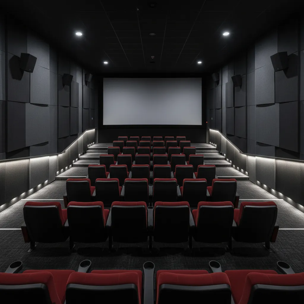 compact single screen cinema auditorium with tiered seating and large projection screen