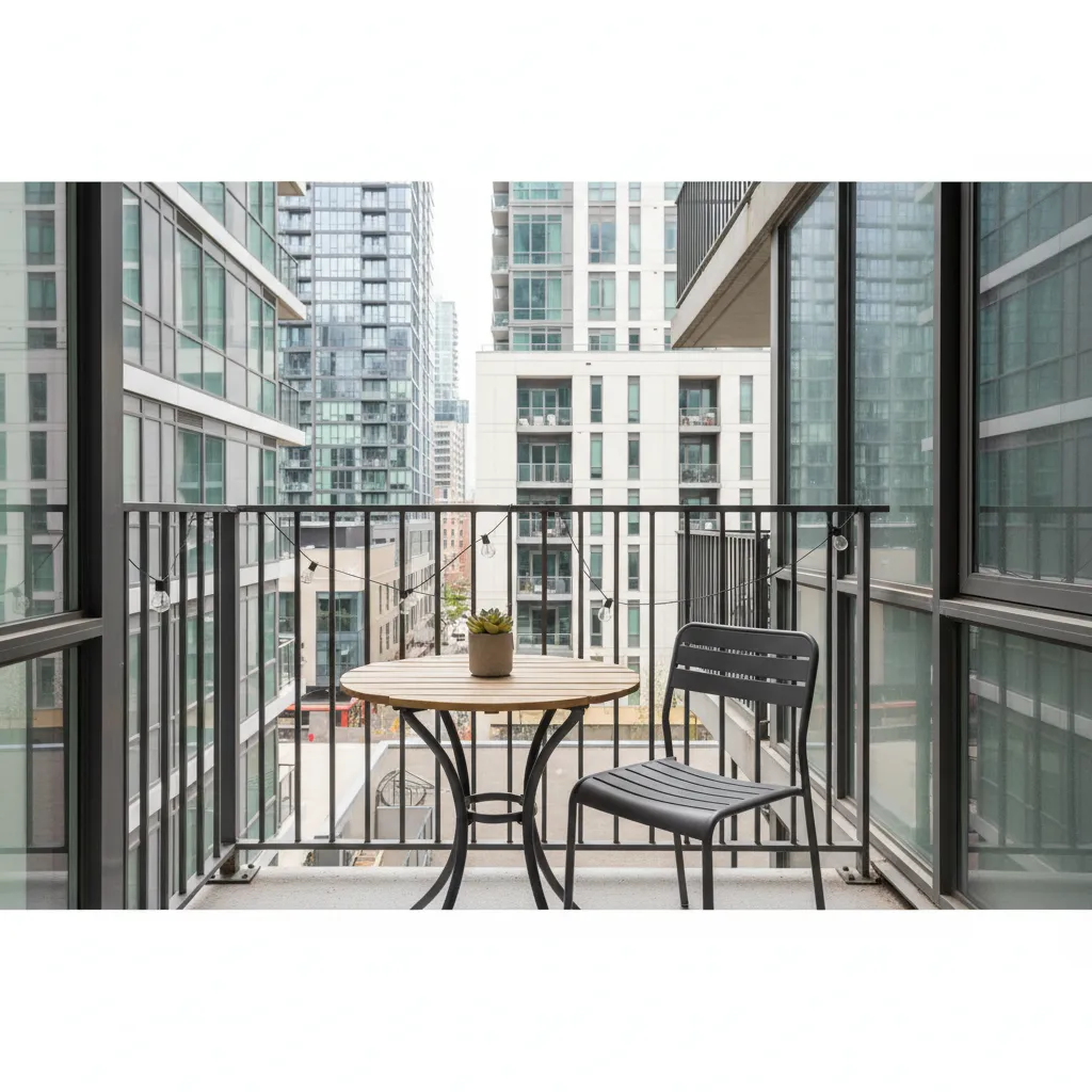 Compact apartment balcony with simple seating and plants