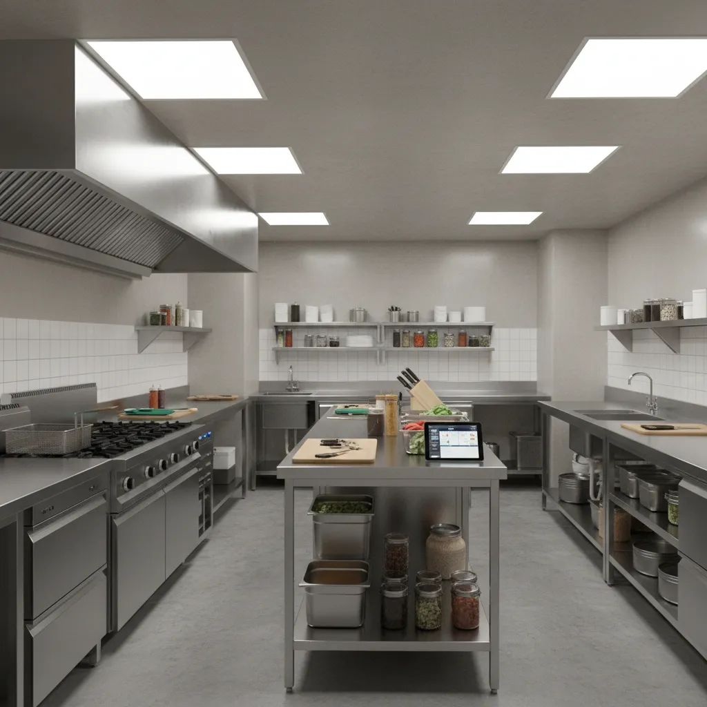Small professional cloud kitchen interior with stainless counters and cooking equipment