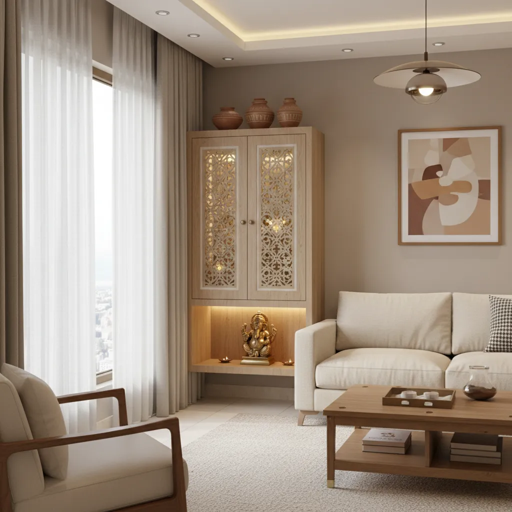 compact cabinet mandir with CNC carved doors for small apartment