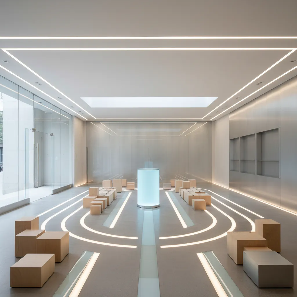 Modern minimal store interior with glowing floor lines wooden block seats and bright ceiling light fixture
