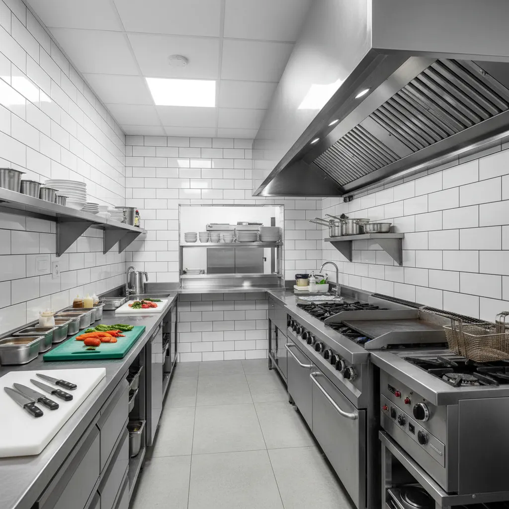 compact commercial kitchen showing prep station cooking line and storage zones