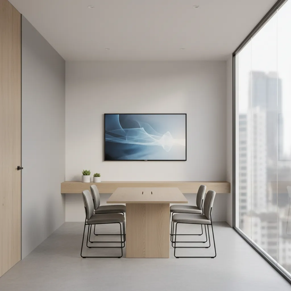 Small modern office conference room with compact table and minimal furniture