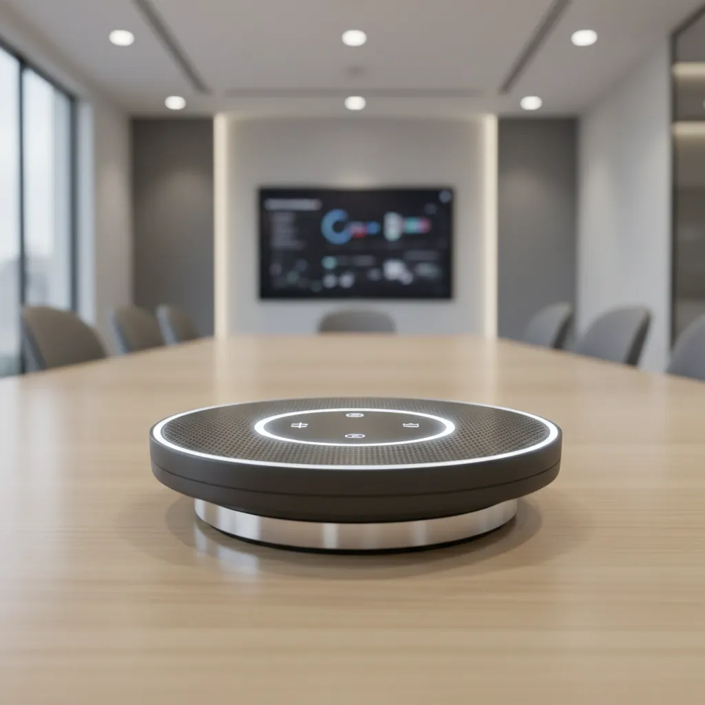 Compact tabletop conference speaker system used in small meeting room