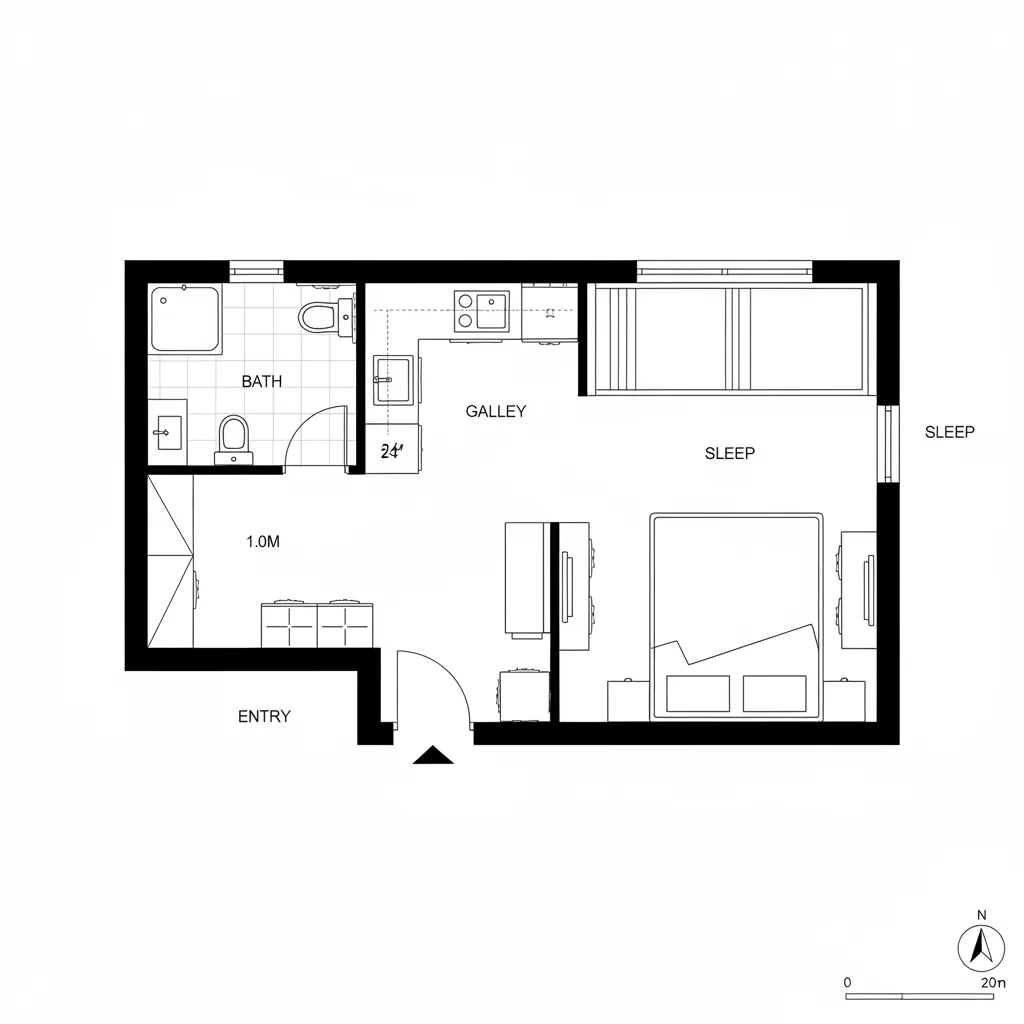 Black and white studio apartment floor plan showing entrance bathroom kitchen and open sleeping area layout