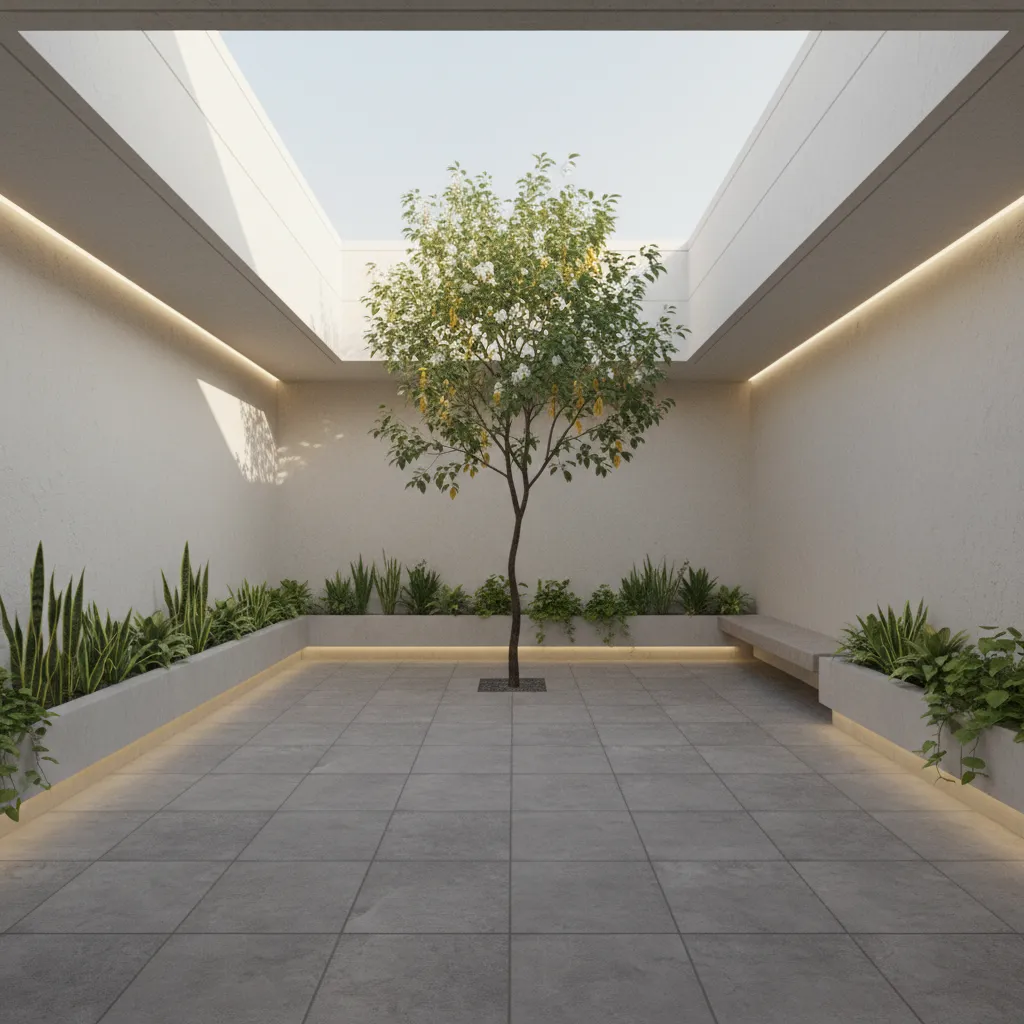 minimal courtyard landscaping in a compact modern house